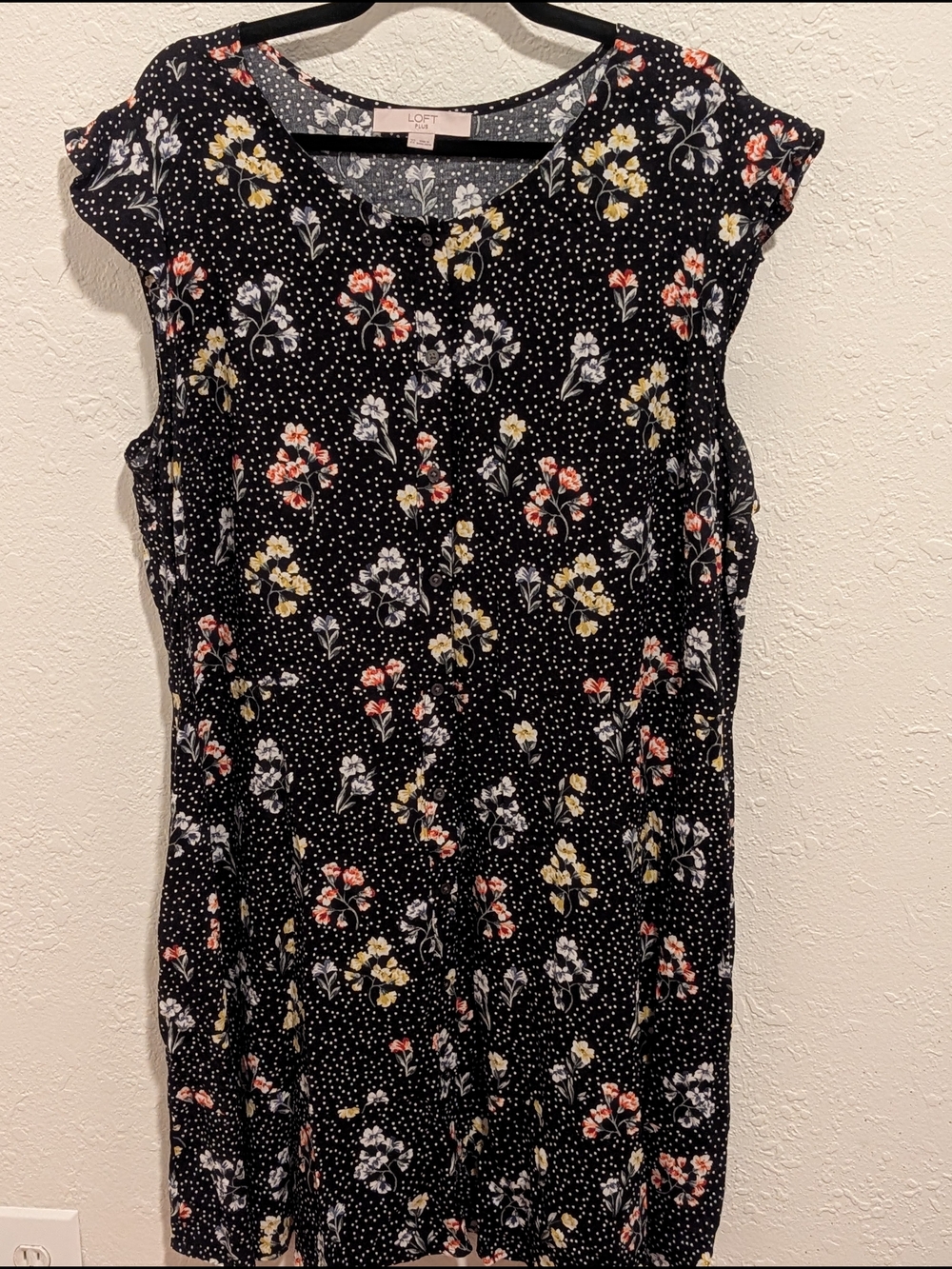 LOFT Black Midi Dress with Yellow, Blue, & Pink Floral Print